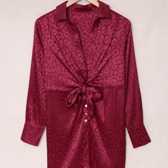 HOST PICK Red Burgundy Leopard Animal Pattern Tie Knot Satin Mini Dress Tunic L - Picture 9 of 11